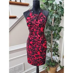 Sweet Storm Women Red Floral Polyester Round Neck Sleeveless Knee Length Dress L
